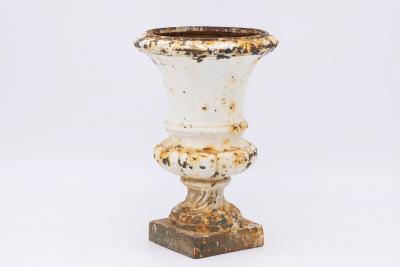 French 1860 Pair of White Painted Cast Iron Urns