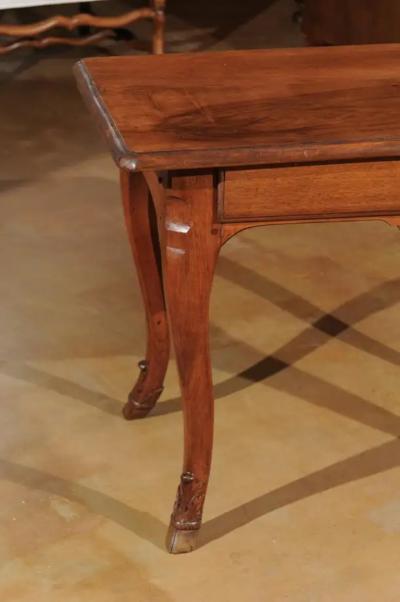 French 1860s Louis XV Style Walnut Side Table with Hoofed Feet and Single Drawer