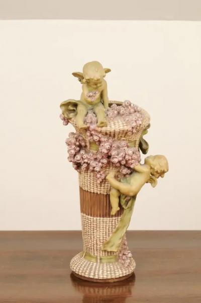French 1860s Napol on III Painted Terracotta Vase with Playful Cherubs and Roses