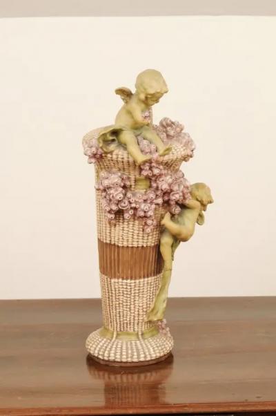 French 1860s Napol on III Painted Terracotta Vase with Playful Cherubs and Roses