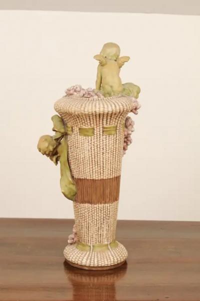 French 1860s Napol on III Painted Terracotta Vase with Playful Cherubs and Roses