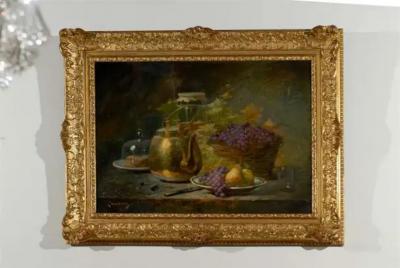 French 1860s Still Life Painting by Ag norie Monique Laurenceau in Gilt Frame