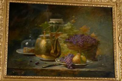 French 1860s Still Life Painting by Ag norie Monique Laurenceau in Gilt Frame