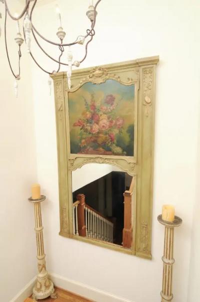 French 1870s Napol on III Period Painted Trumeau Mirror with Floral Oil Painting