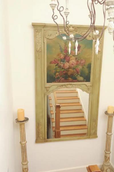 French 1870s Napol on III Period Painted Trumeau Mirror with Floral Oil Painting