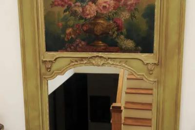 French 1870s Napol on III Period Painted Trumeau Mirror with Floral Oil Painting