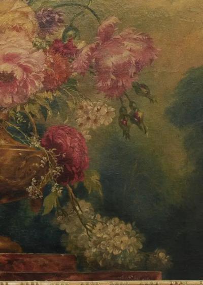 French 1870s Napol on III Period Painted Trumeau Mirror with Floral Oil Painting