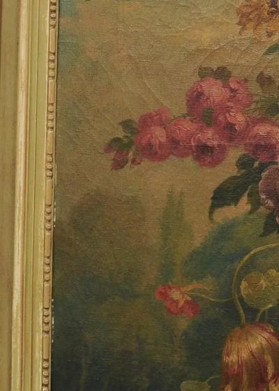 French 1870s Napol on III Period Painted Trumeau Mirror with Floral Oil Painting