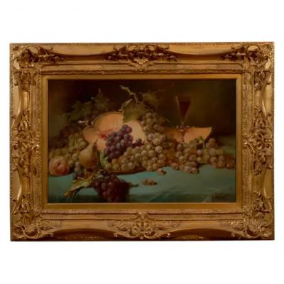 French 1870s Napoleon III Period Still Life Painting with Giltwood Carved Frame