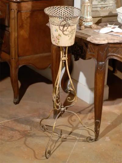 French 1870s T le and Iron Jardini re with Floral D cor and Scrolling Base