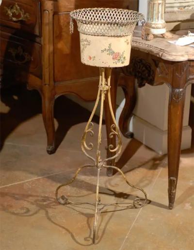French 1870s T le and Iron Jardini re with Floral D cor and Scrolling Base