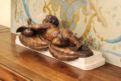 French 1880s Carved Walnut Putto Feeding a Swan Sculpted Group on Marble Base