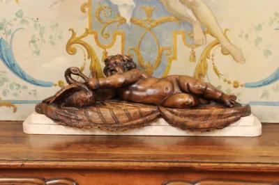 French 1880s Carved Walnut Putto Feeding a Swan Sculpted Group on Marble Base