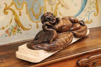 French 1880s Carved Walnut Putto Feeding a Swan Sculpted Group on Marble Base