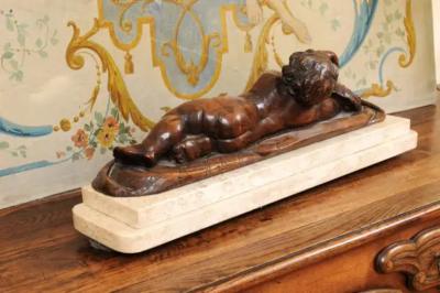 French 1880s Carved Walnut Putto Feeding a Swan Sculpted Group on Marble Base