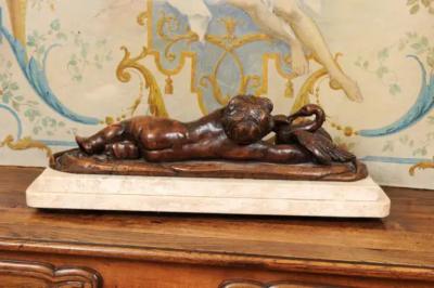French 1880s Carved Walnut Putto Feeding a Swan Sculpted Group on Marble Base