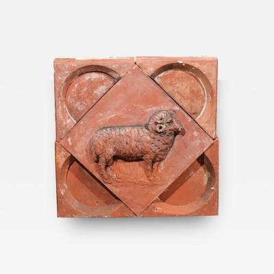 French 1880s Red Terracotta Panel Depicting a Ram on a Quadrilobe