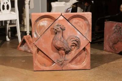 French 1880s Red Terracotta Panel Depicting a Rooster on a Quadrilobe