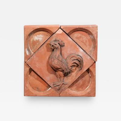 French 1880s Red Terracotta Panel Depicting a Rooster on a Quadrilobe