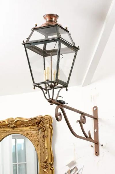French 1890s Iron and Copper Wall Lantern with Four Lights and Scrolling Bracket