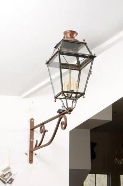 French 1890s Iron and Copper Wall Lantern with Four Lights and Scrolling Bracket