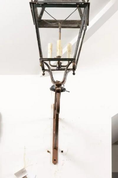 French 1890s Iron and Copper Wall Lantern with Four Lights and Scrolling Bracket