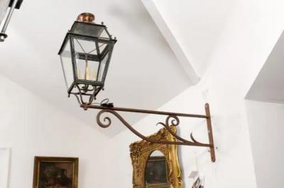 French 1890s Iron and Copper Wall Lantern with Four Lights and Scrolling Bracket