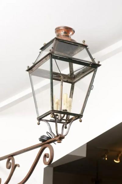 French 1890s Iron and Copper Wall Lantern with Four Lights and Scrolling Bracket