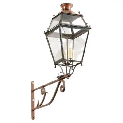 French 1890s Iron and Copper Wall Lantern with Four Lights and Scrolling Bracket