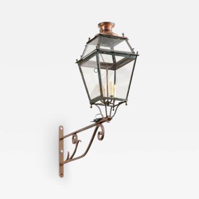 French 1890s Iron and Copper Wall Lantern with Four Lights and Scrolling Bracket