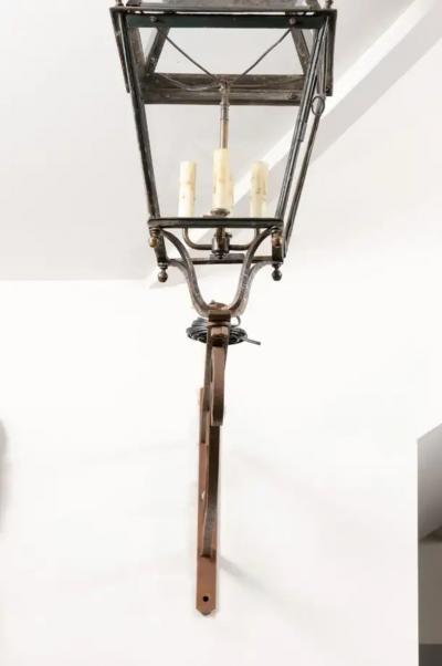 French 1890s Iron and Copper Wall Lantern with Four Lights and Scrolling Bracket