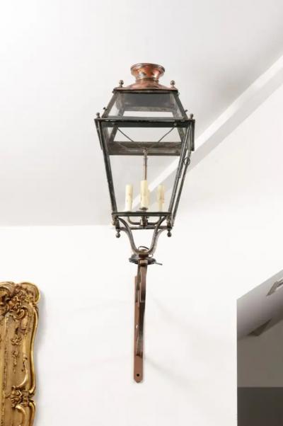 French 1890s Iron and Copper Wall Lantern with Four Lights and Scrolling Bracket
