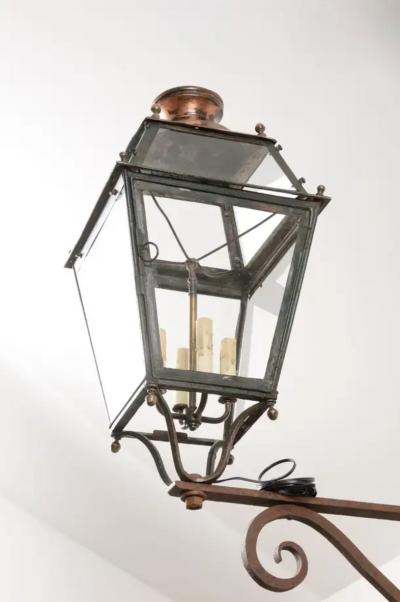 French 1890s Iron and Copper Wall Lantern with Four Lights and Scrolling Bracket