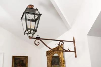 French 1890s Iron and Copper Wall Lantern with Four Lights and Scrolling Bracket