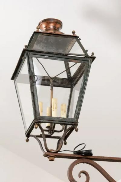 French 1890s Iron and Copper Wall Lantern with Four Lights and Scrolling Bracket