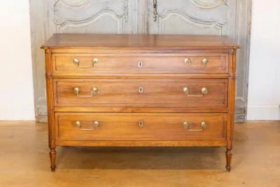 French 1890s Louis XVI Style Three Drawer Commode with Rounded Fluted Side Posts