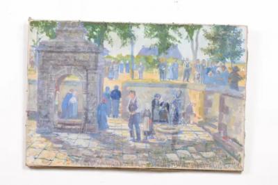 French 1890s Oil Proven al Painting of a Social Gathering in Shades of Blue