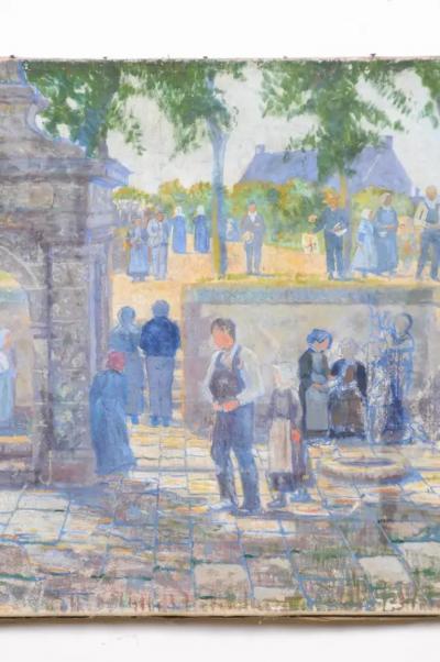 French 1890s Oil Proven al Painting of a Social Gathering in Shades of Blue
