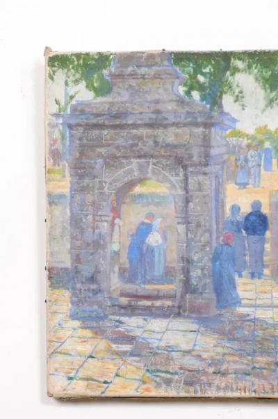 French 1890s Oil Proven al Painting of a Social Gathering in Shades of Blue