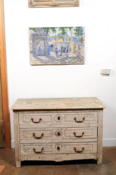 French 1890s Oil Proven al Painting of a Social Gathering in Shades of Blue