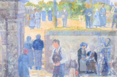 French 1890s Oil Proven al Painting of a Social Gathering in Shades of Blue