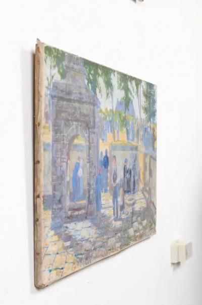 French 1890s Oil Proven al Painting of a Social Gathering in Shades of Blue