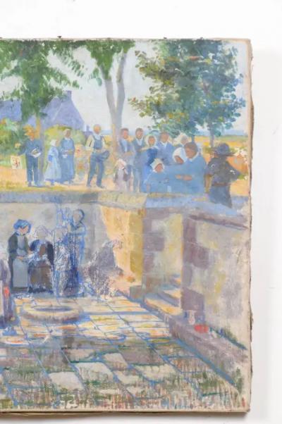 French 1890s Oil Proven al Painting of a Social Gathering in Shades of Blue