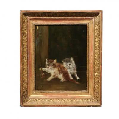 French 1890s Oil on Canvas Painting Featuring Playing Kittens in Giltwood Frame