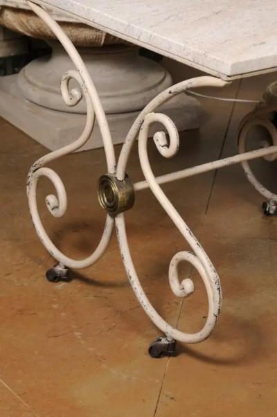 French 1890s Patisserie Table with Painted Iron Scrolling Base and Stone Top