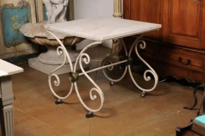 French 1890s Patisserie Table with Painted Iron Scrolling Base and Stone Top
