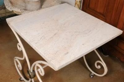 French 1890s Patisserie Table with Painted Iron Scrolling Base and Stone Top