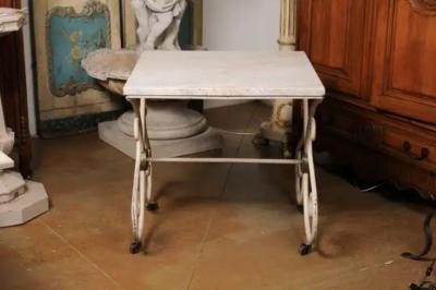 French 1890s Patisserie Table with Painted Iron Scrolling Base and Stone Top