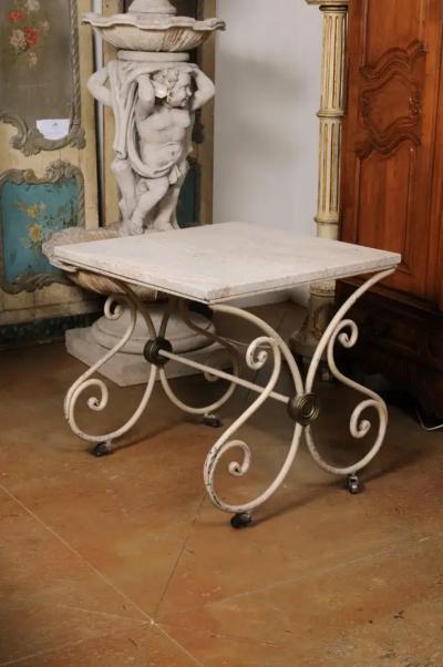 French 1890s Patisserie Table with Painted Iron Scrolling Base and Stone Top