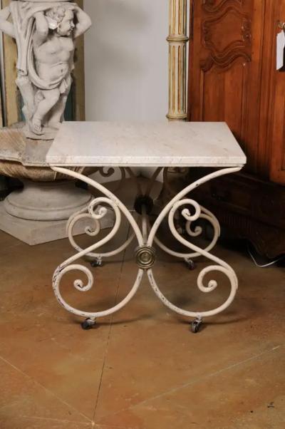 French 1890s Patisserie Table with Painted Iron Scrolling Base and Stone Top